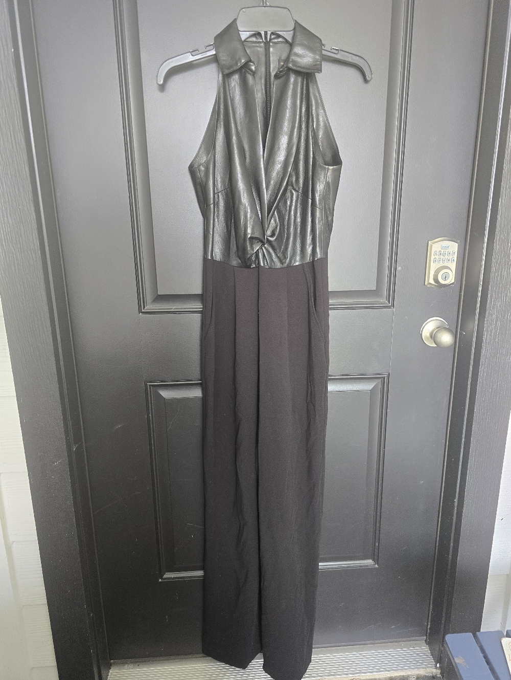 Donna Karan New York Black Faux Leather Wide Leg Jumpsuit Size 2 Halter Neck - Picture 3 of 14